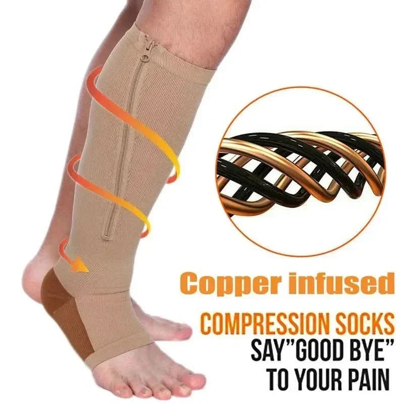 Compression stockings with zipper for improved circulation